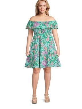 Off-Shoulder Embroidered-Trim Floral Elastic-Waist Dress Cotton Size 0X